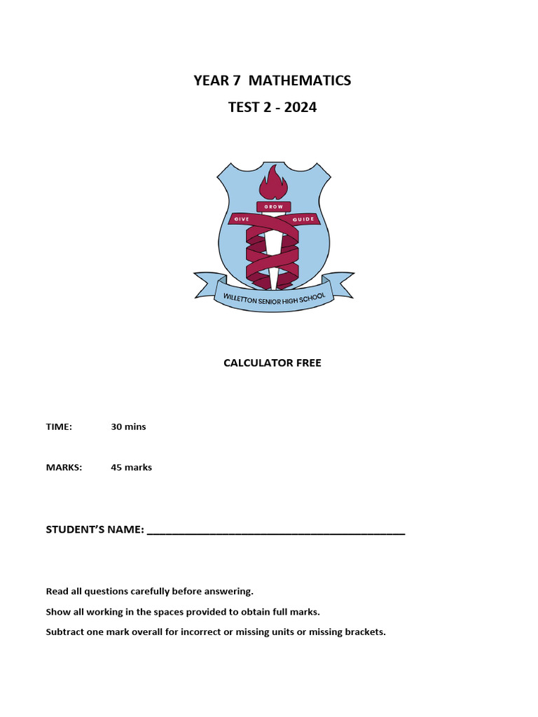 Yr 7 Test 2 - 2024 | PDF | Length | Area