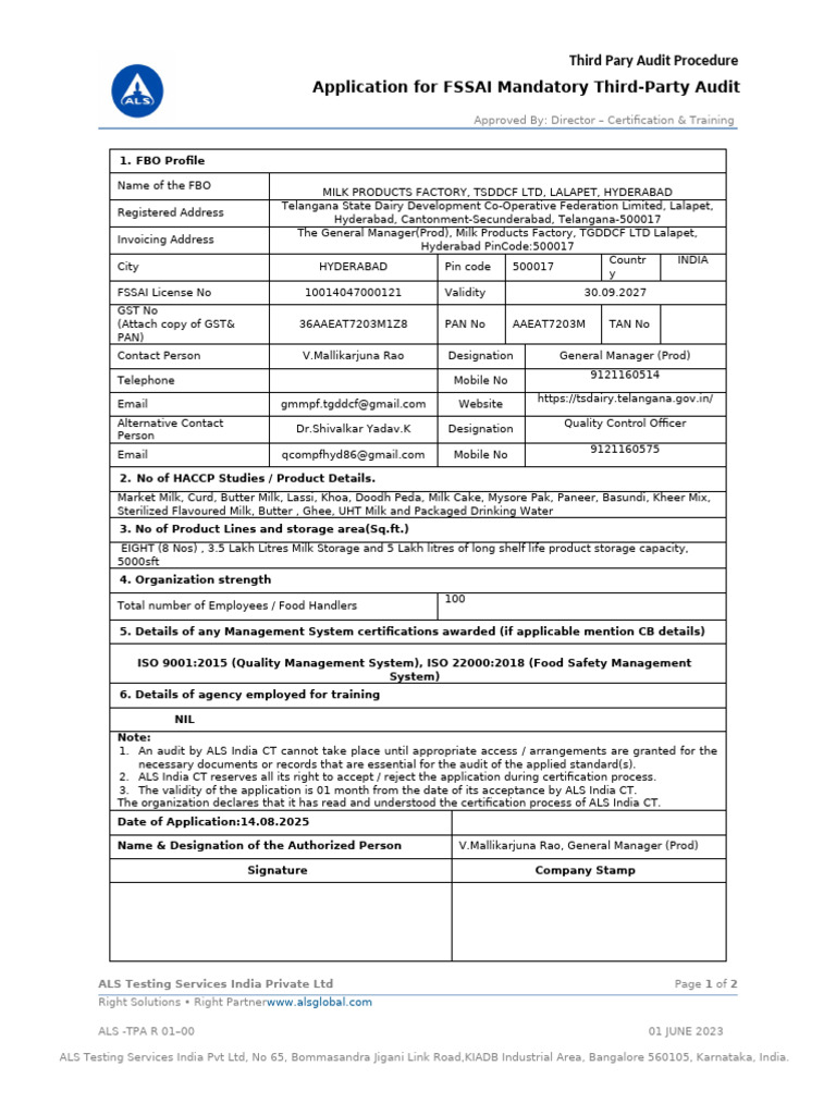 01 FSSAI 3rd Party Audit Application | PDF | Milk