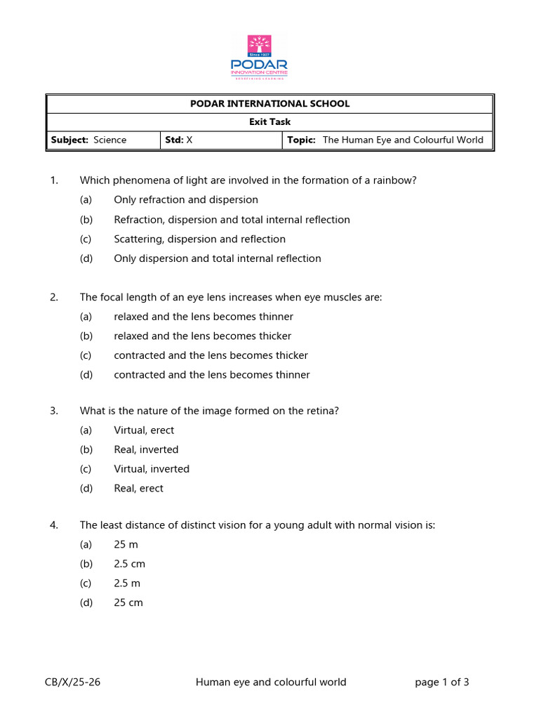 Human Eye and Light Phenomena Quiz | PDF | Human Eye | Eye