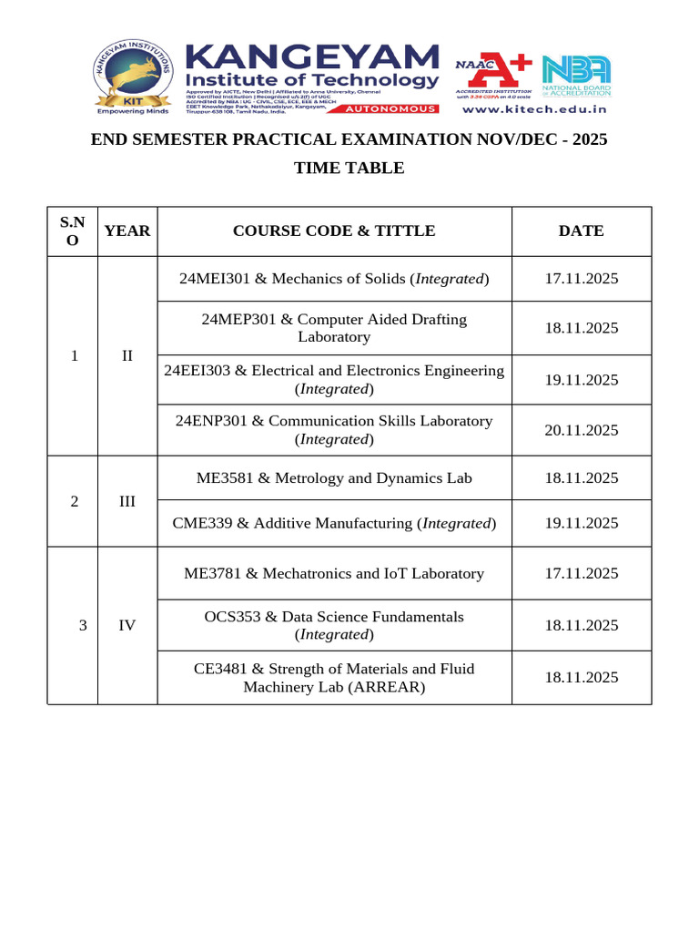 2025 End Semester Exam Timetable | PDF
