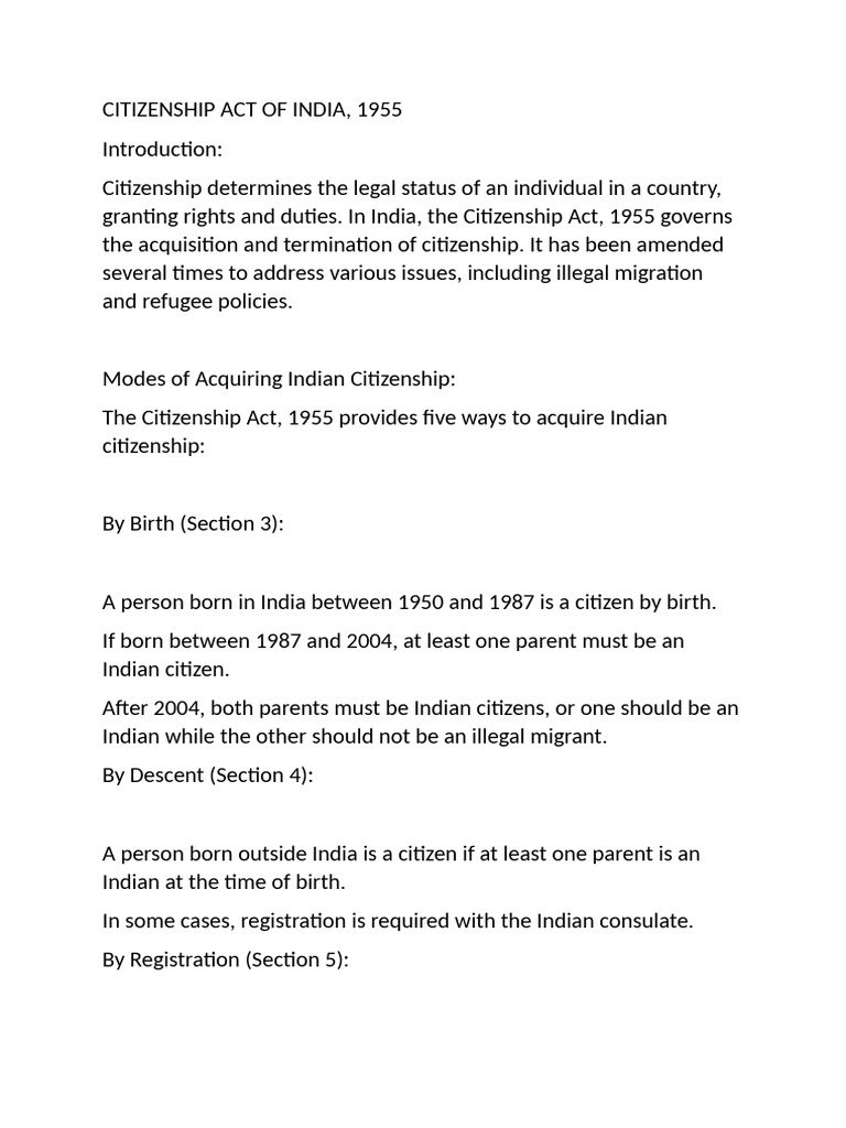 Overview of India's Citizenship Act 1955 | PDF
