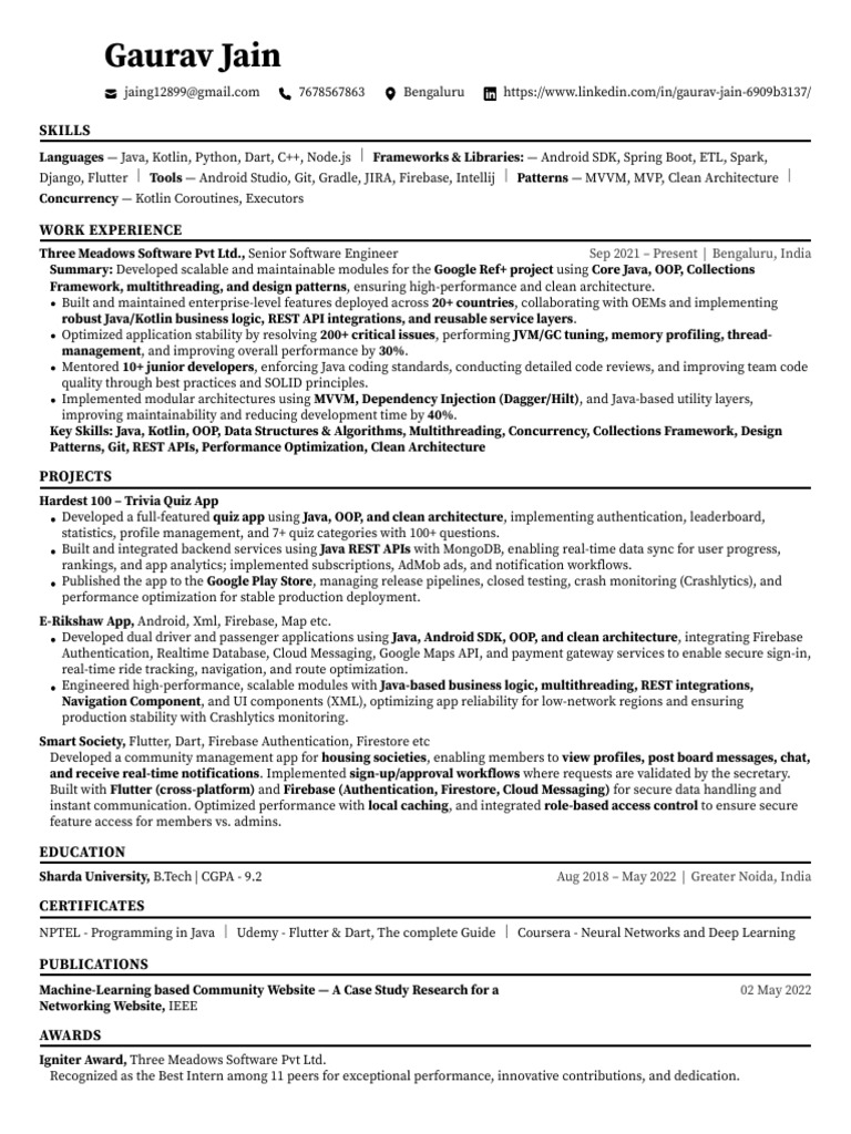 Gaurav Jain: Senior Software Engineer Profile | PDF | Java (Programming ...