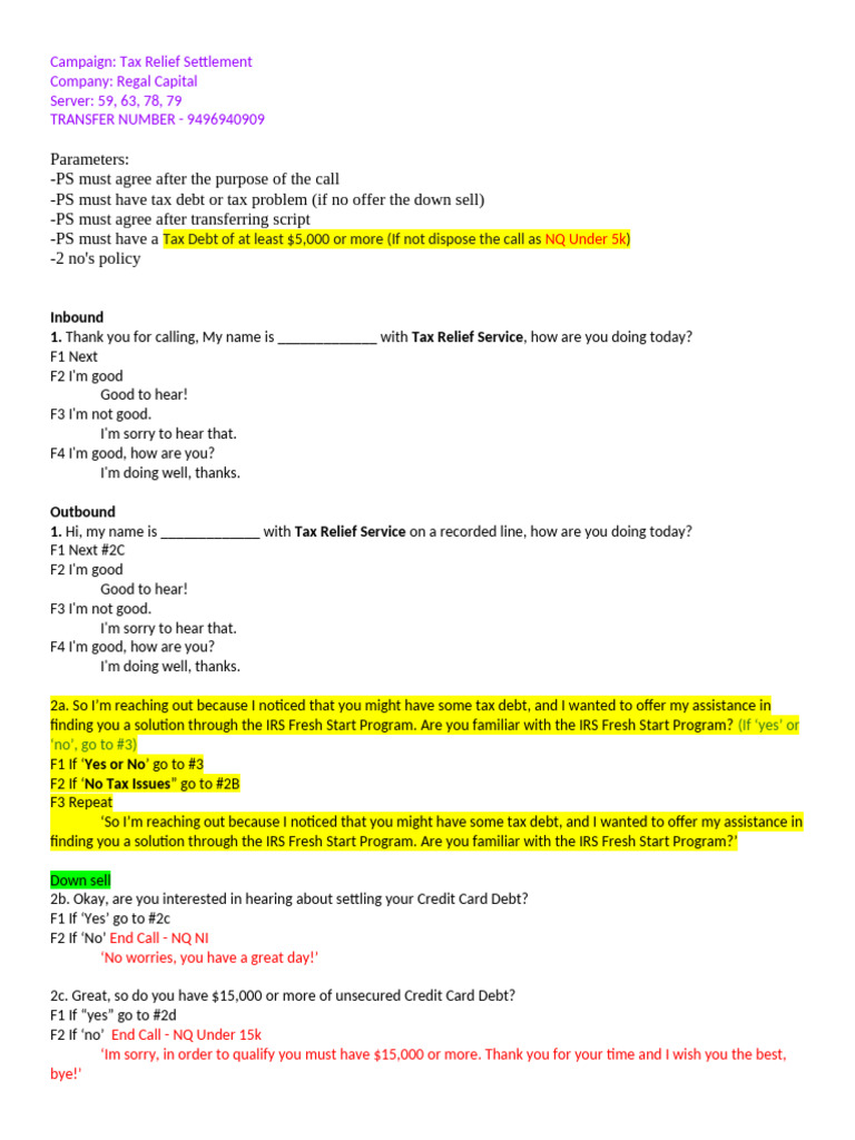 Tax Relief Settlement Call Script | PDF | Bankruptcy | Debt