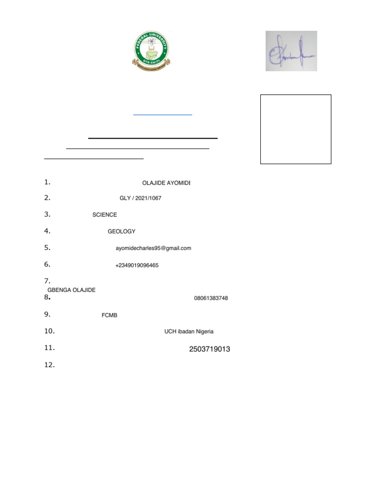 SIWES Student Bio Data Form | PDF