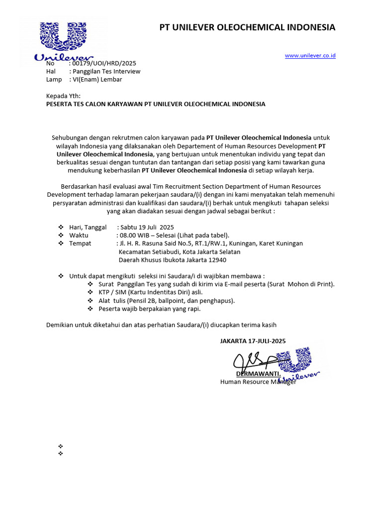 Panggilan Tes Interview PT Unilever 2025 | PDF