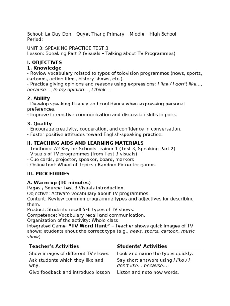 Speaking Practice: TV Programmes Unit | PDF | Vocabulary | Teachers