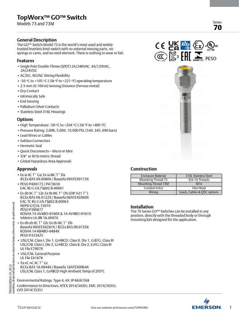 TopWorx GO Switch Model 73 Features | PDF | Switch | Electrical Engineering