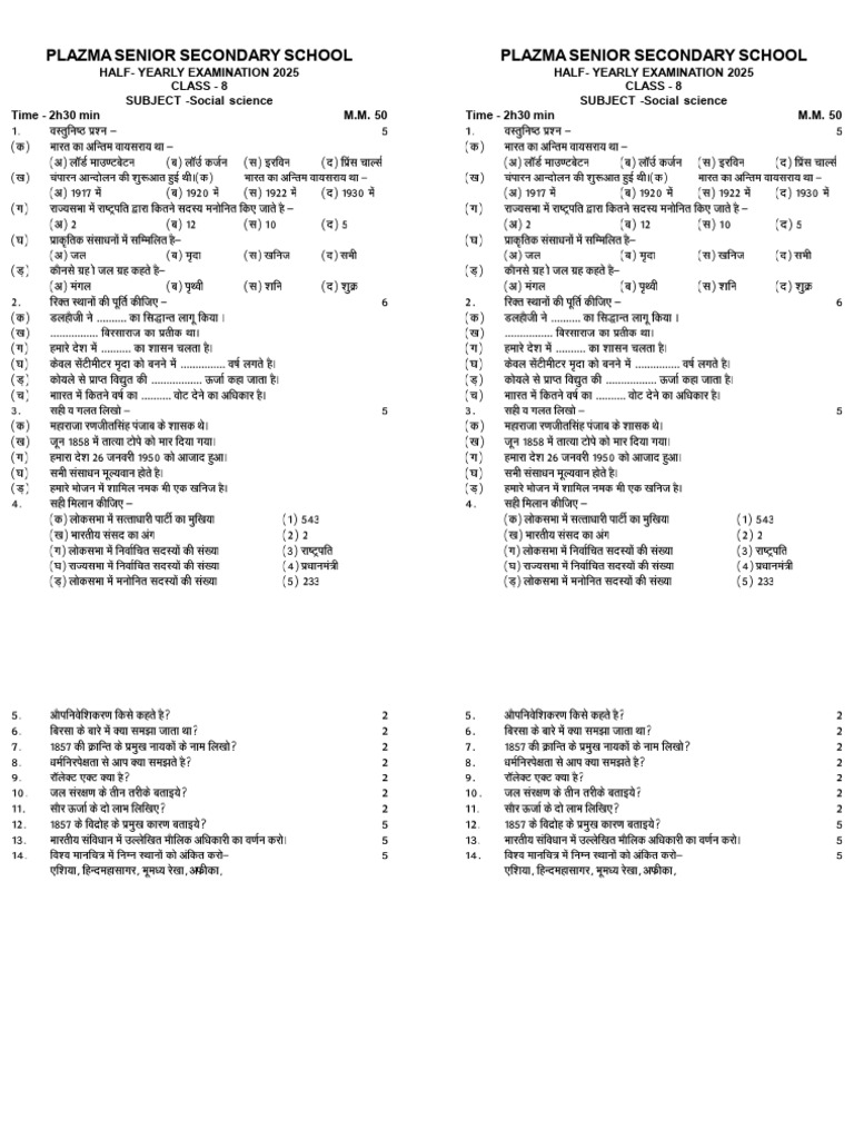 Class 8 Social Science Exam 2025 | PDF