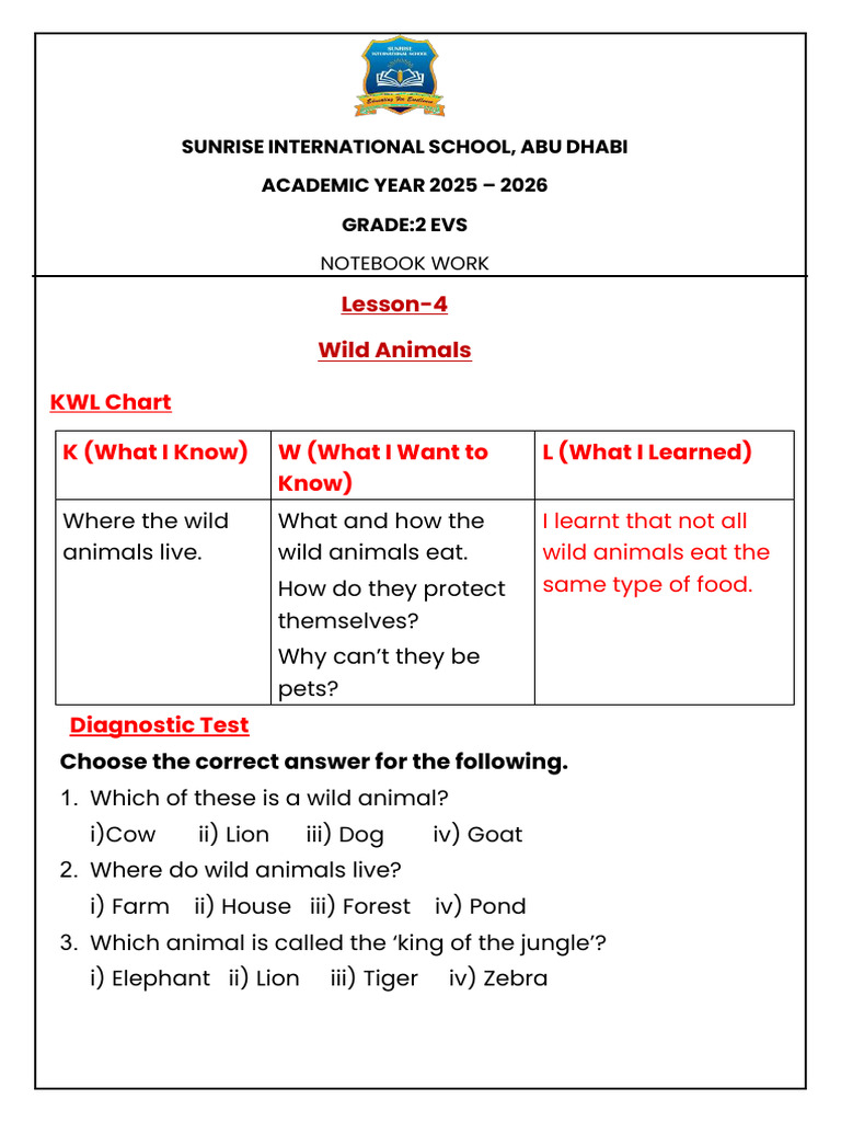 Grade 2 EVS: Wild Animals Lesson Plan | PDF | Zoology