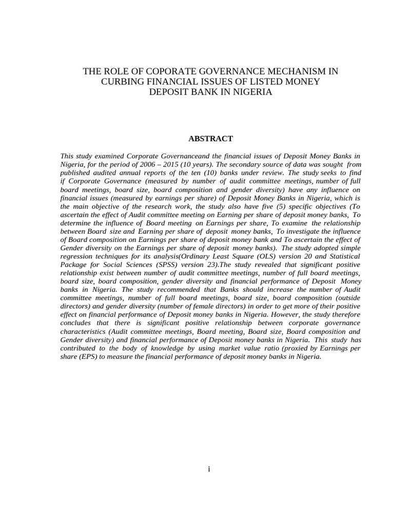 The Role of Coporate Governance Mechanism in Curbing Financial Issues ...