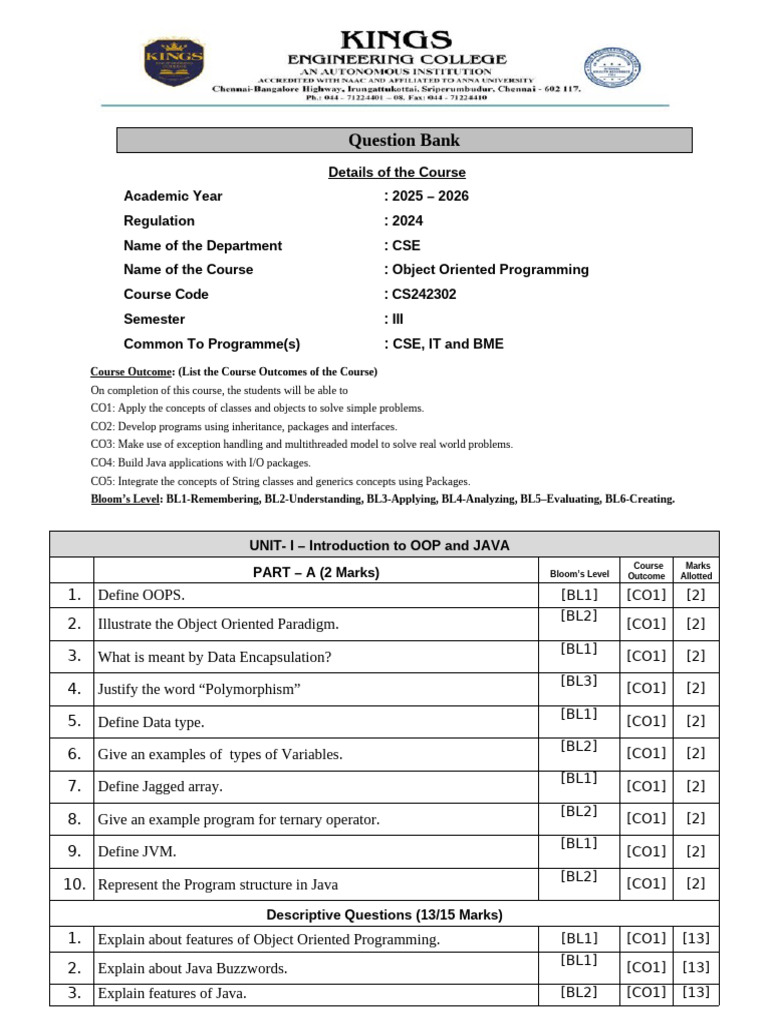 CSE Object Oriented Programming Question Bank | PDF | Method (Computer ...