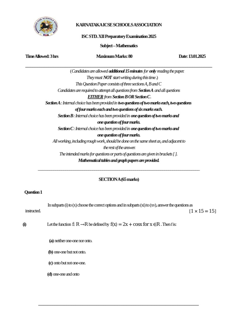 Karnataka ISC XII Math Exam Paper 2025 | PDF | Line (Geometry) | Linear ...