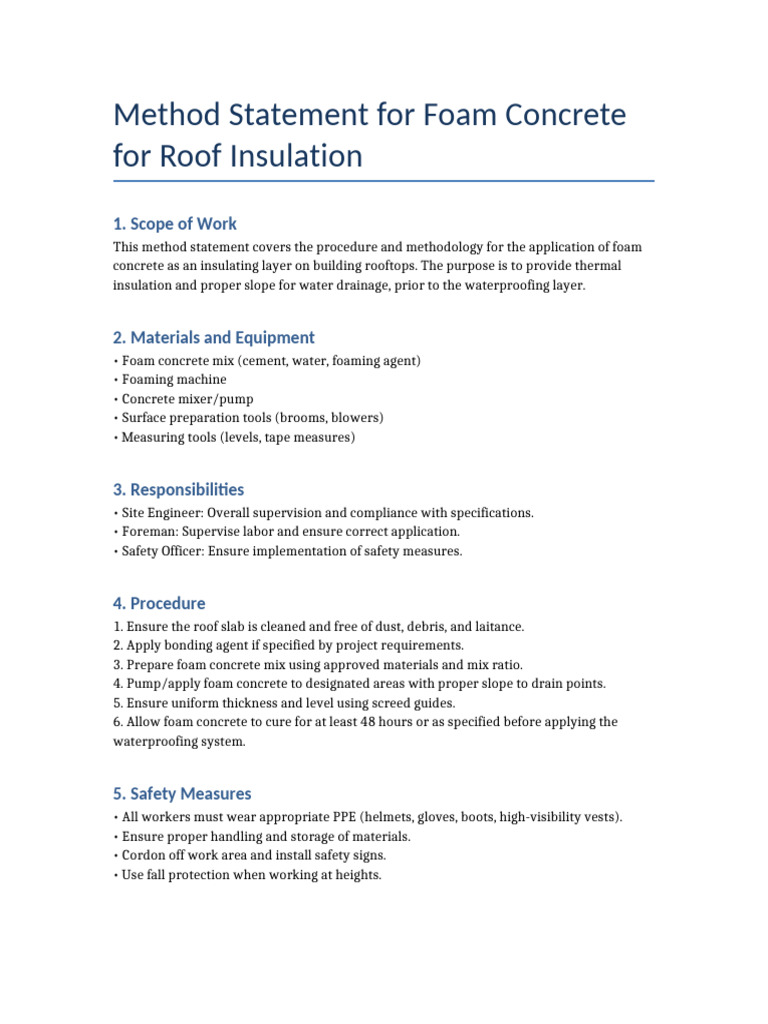Foam Concrete Method Statement for Roofs | PDF