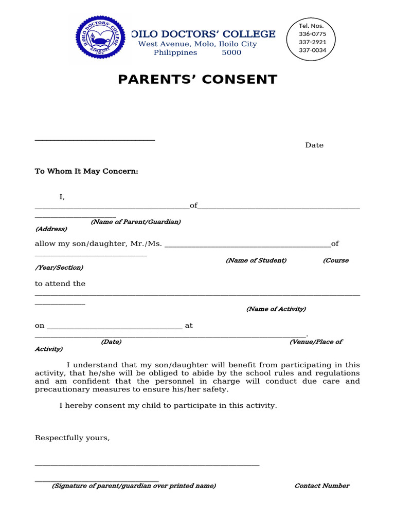 Parents' Consent Form for Student Activities | PDF | Family