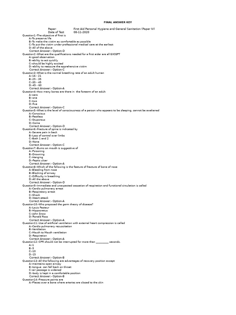 First Aid Exam Answer Key 2020 | PDF | Infection | Cardiopulmonary ...