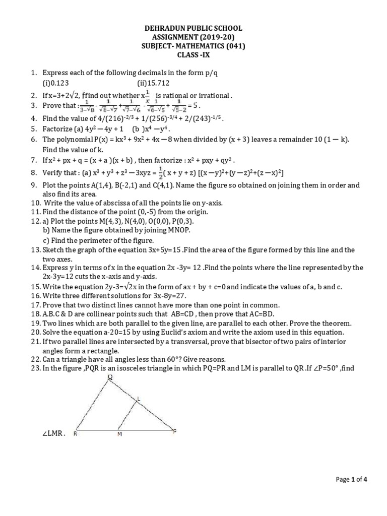 Class IX Mathematics Assignment 2019-20 | PDF | Area | Euclid