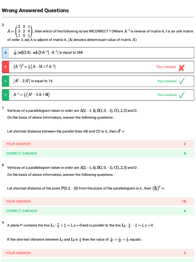 Incorrect Answers in Matrix and Geometry Problems | PDF | Matrix ...