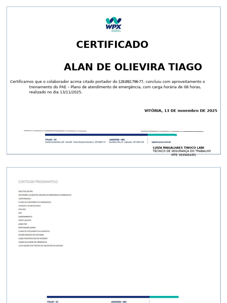Certificado de Treinamento PAE 2025 | PDF