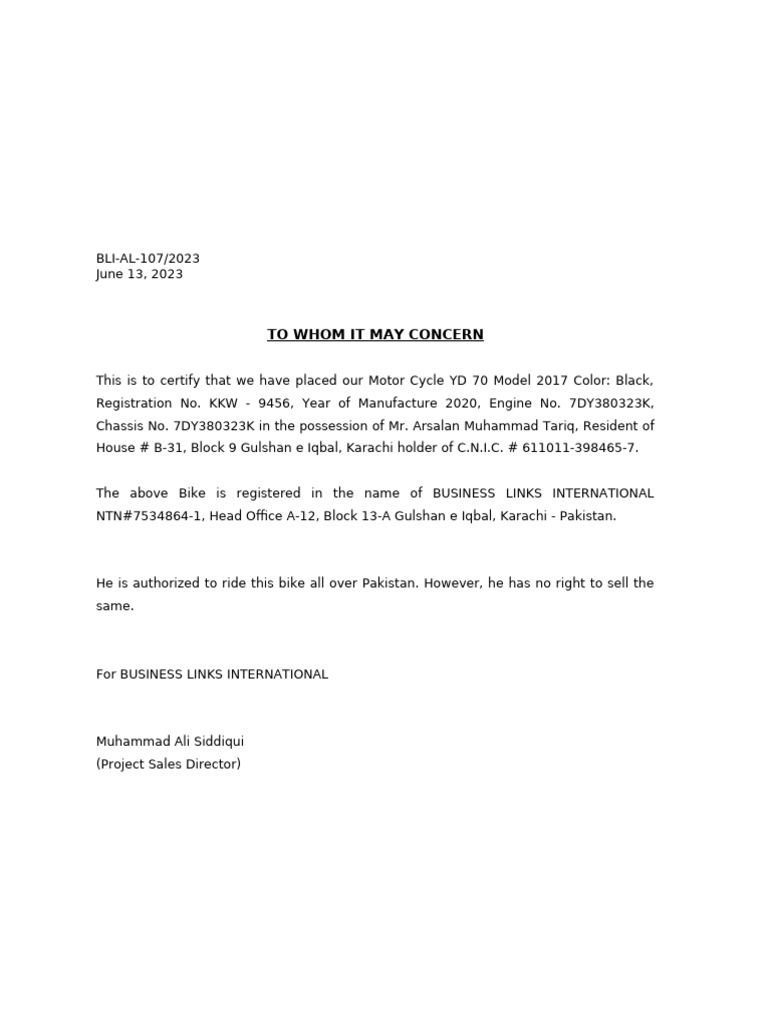 Zeeshan - Authority Letter For Running Gs150 | PDF