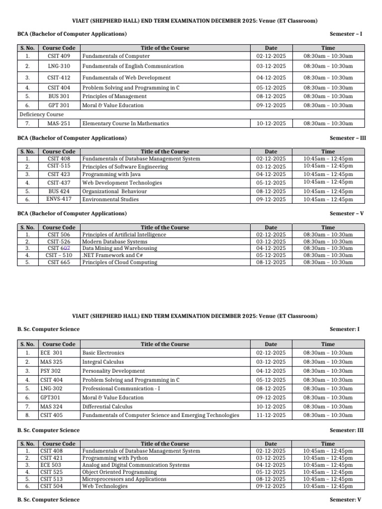 BCA, B.Sc, B.Tech, MCA Exam Schedule 2025 | PDF | Computer Science ...