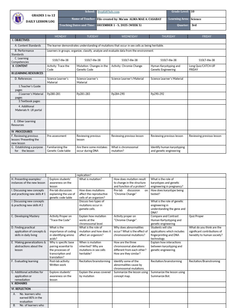 Grade 10 Science Daily Lesson Plan | PDF | Genetics | Mutation