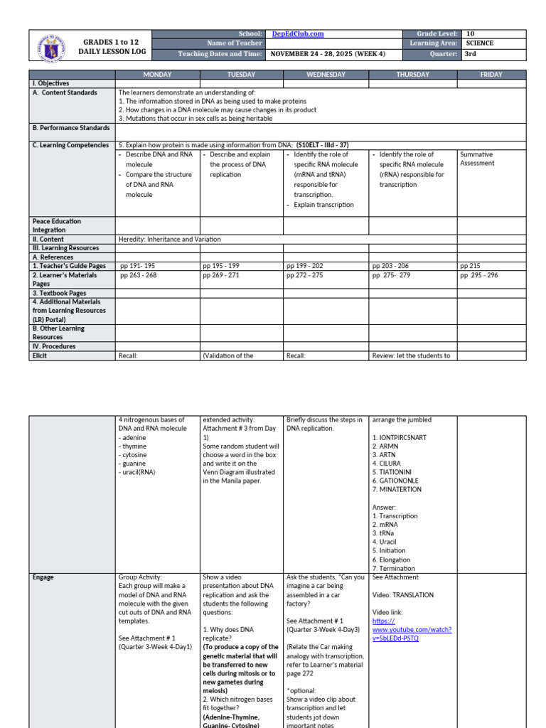 Grade 10 Science Daily Lesson Log | PDF | Rna | Dna