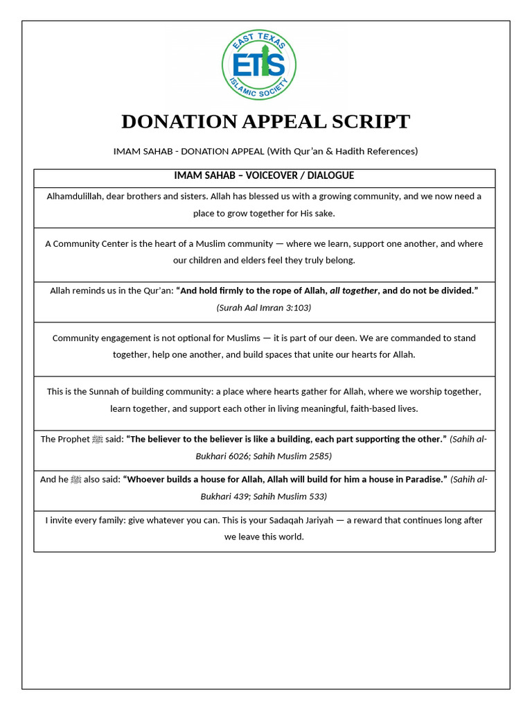 Donation Appeal Script-imam Sahab | PDF