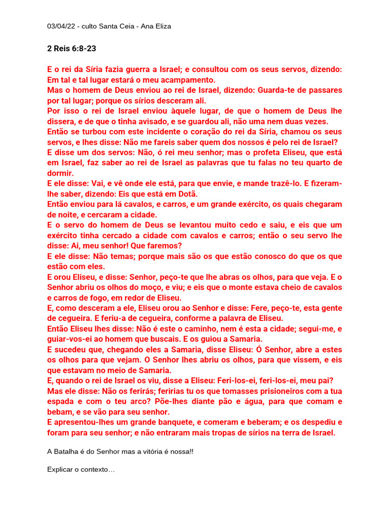 Culto da Santa Ceia: Visões de Fé e Proteção | PDF | Eucaristia