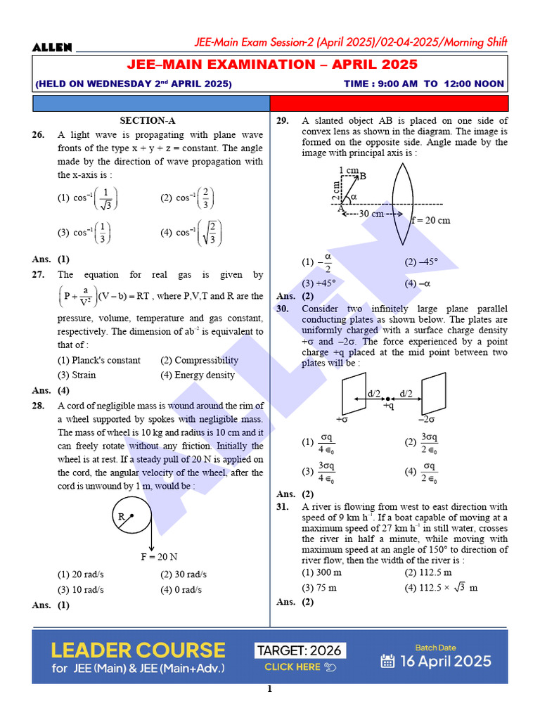 JEE Main April 2025 Physics Test Paper | PDF | Electron | Diffraction