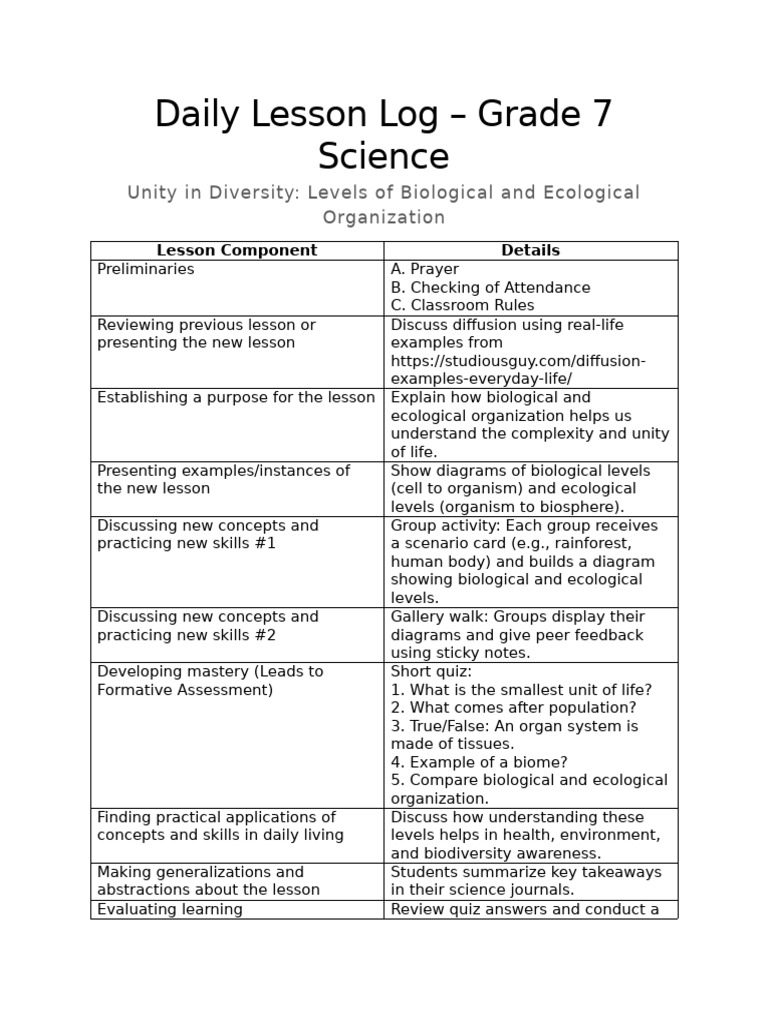 Grade 7 Science Lesson on Biological Levels | PDF | Differentiated ...