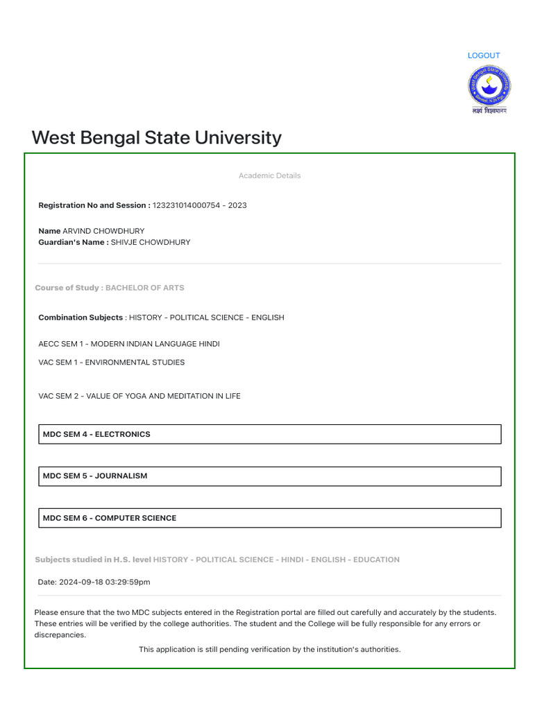 West Bengal State University Student Details | PDF
