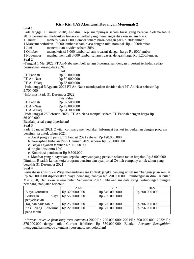 Kisi-Kisi UAS Akuntansi Keuangan Menengah | PDF