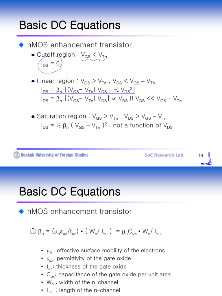 nMOS and pMOS Transistor DC Equations | PDF | Mosfet | Field Effect ...