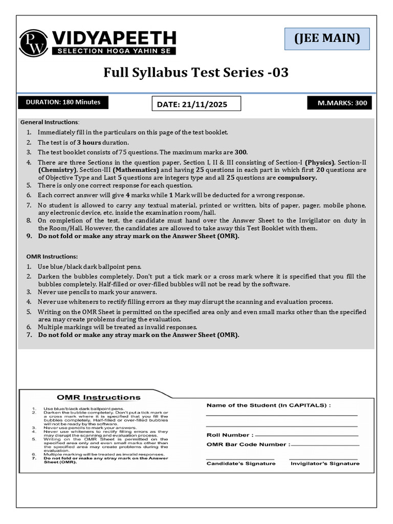 JEE Main Full Syllabus Test Instructions | PDF | Magnetic Field | Mean