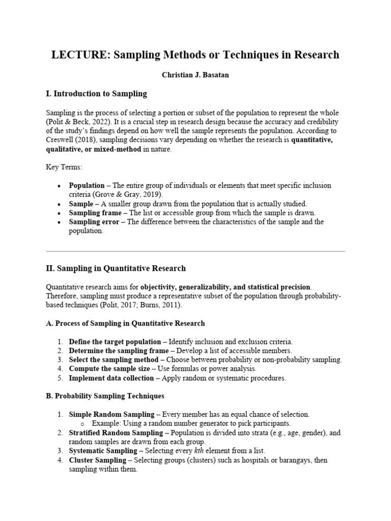 Lecture-Sampling Methods or Techniques in Research | PDF | Sampling ...