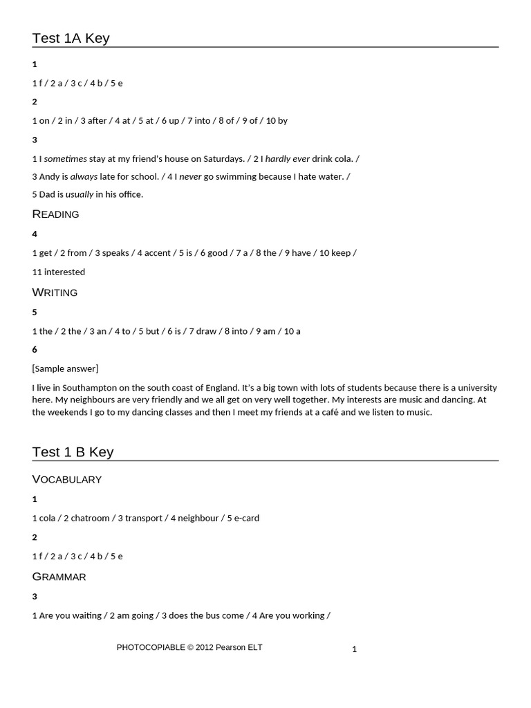 New Challenges 2 Keys Test 1 GR AB+++ | PDF