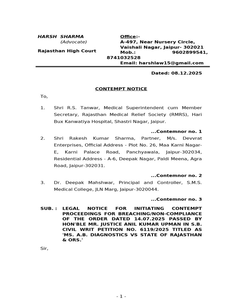 Ms. A.B. Diagnostics Contempt Notice (Harsh Sharma Adv.) | PDF ...
