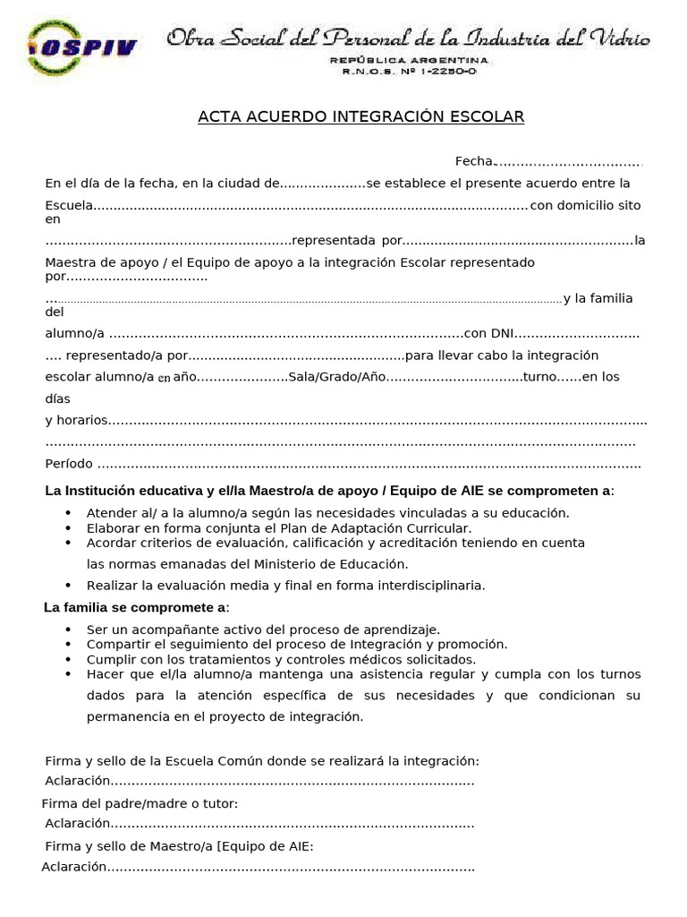 Acta de Acuerdo Integracion Escolar 2024 para Subir | PDF