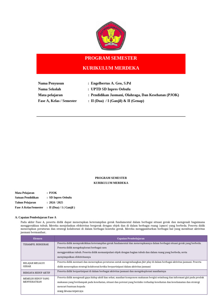 Program Semester PJOK SD Inpres Oebufu | PDF