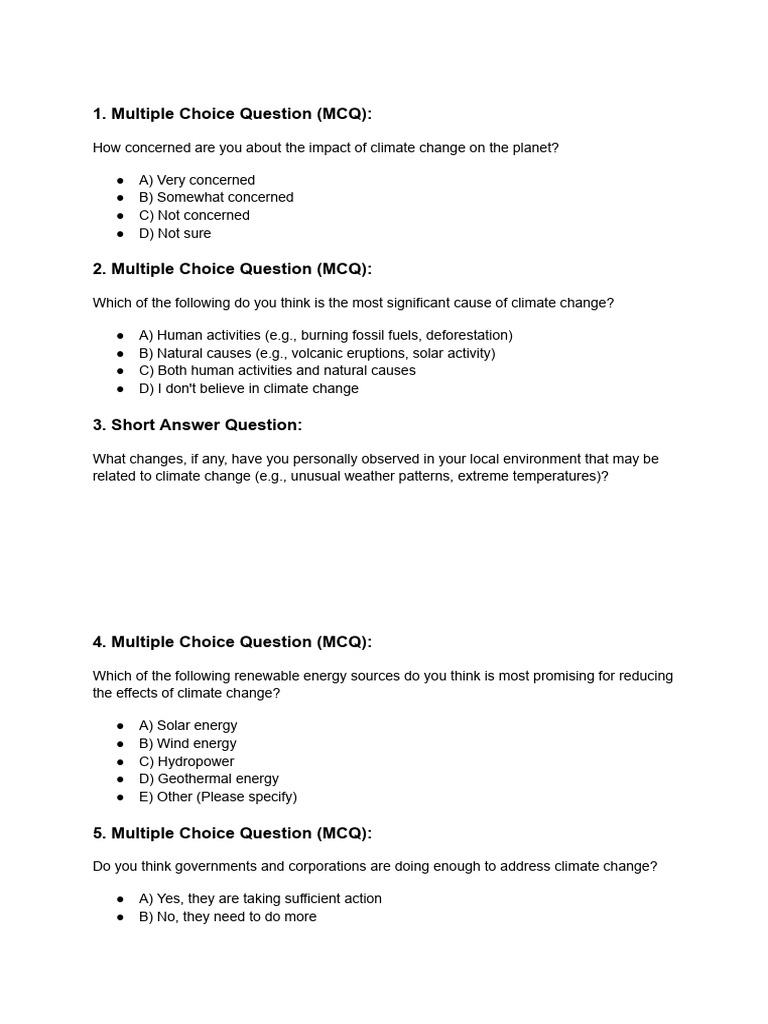 Climate Change Awareness Survey Questions | PDF