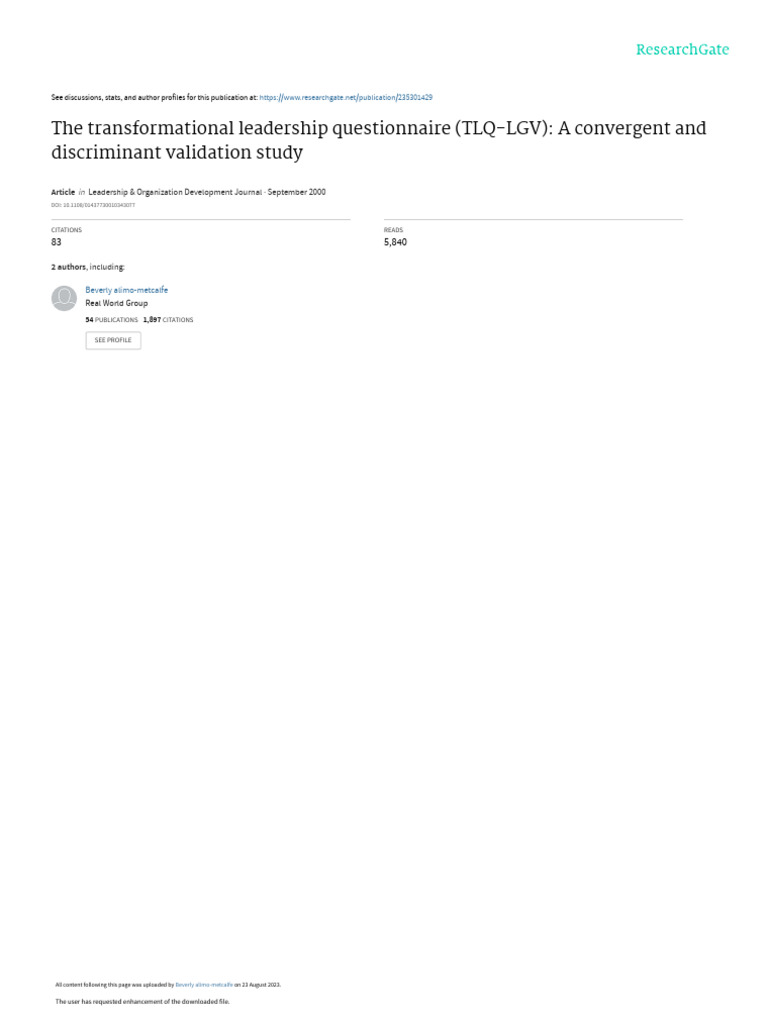 Transformational Leadership Questionnaire Validation | PDF | Leadership ...