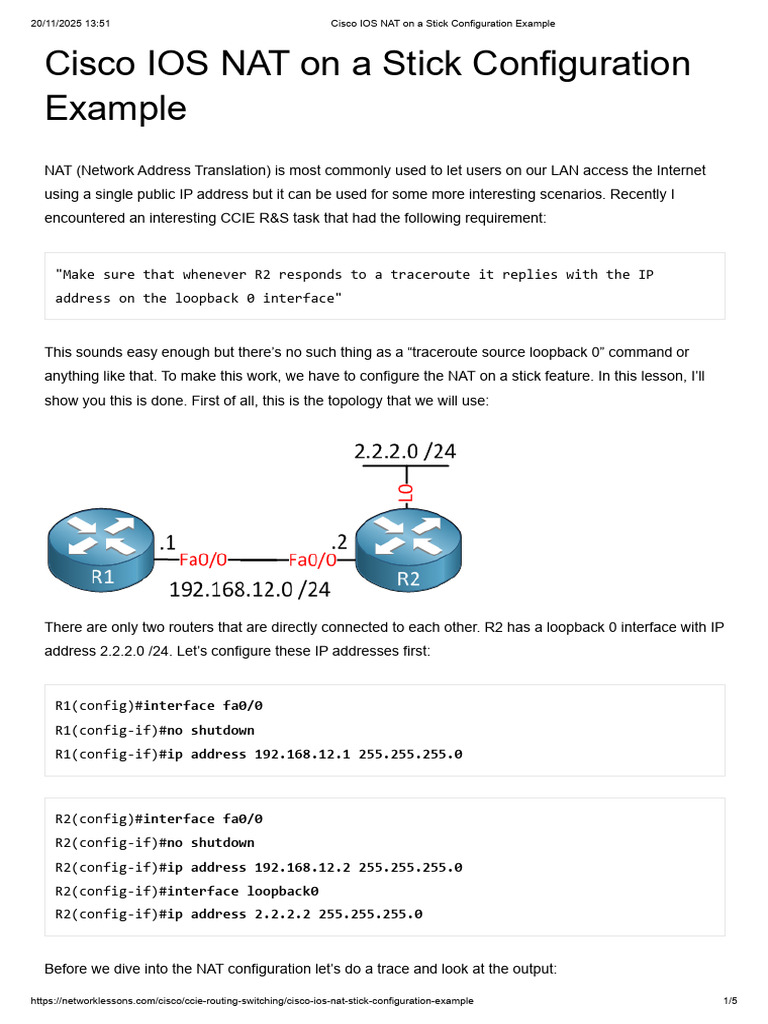 Cisco IOS NAT on a Stick Setup Guide | PDF | Communications Protocols ...