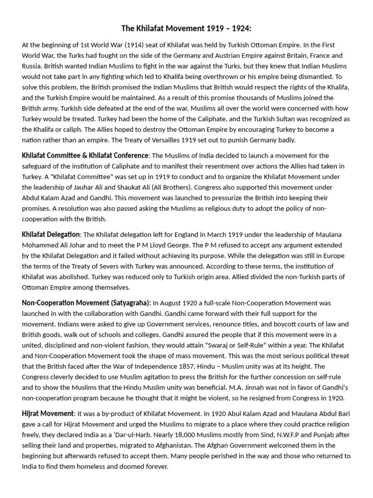 Overview of the Khilafat Movement (1919-1924) | PDF | Caliphate ...