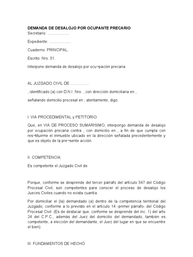 Demanda de Desalojo Por Ocupante Precario  Demanda 