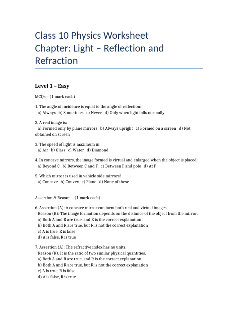 Class 10 Physics: Light Reflection Worksheet | PDF