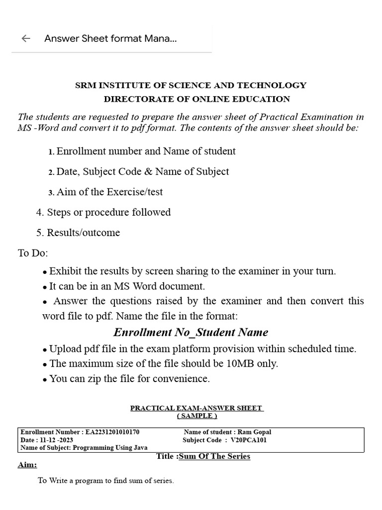 Practical Exam Answer Sheet Guidelines | PDF