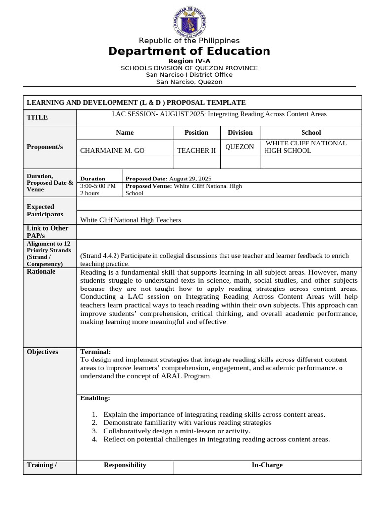 LD-PROPOSAL-AND- LAC August 2025 | PDF | Reading Comprehension | Learning