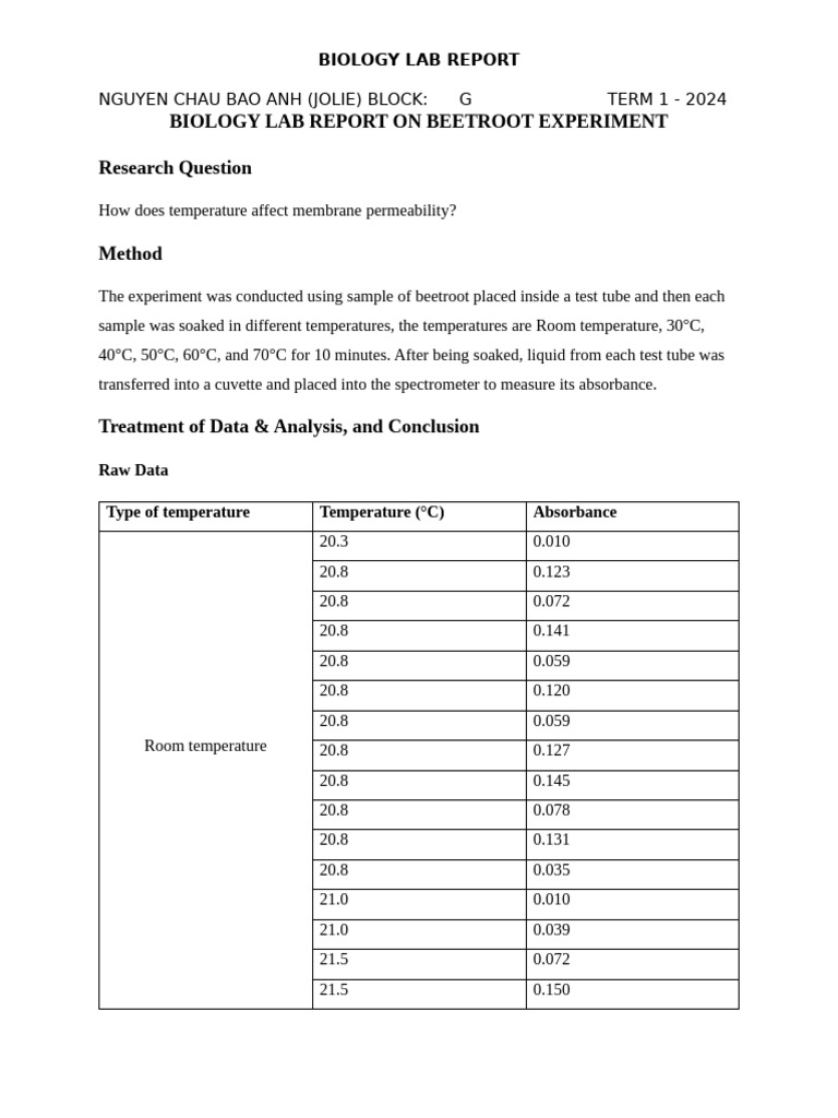 Beetroot Experiment: Temperature & Permeability | PDF | Cell Membrane ...