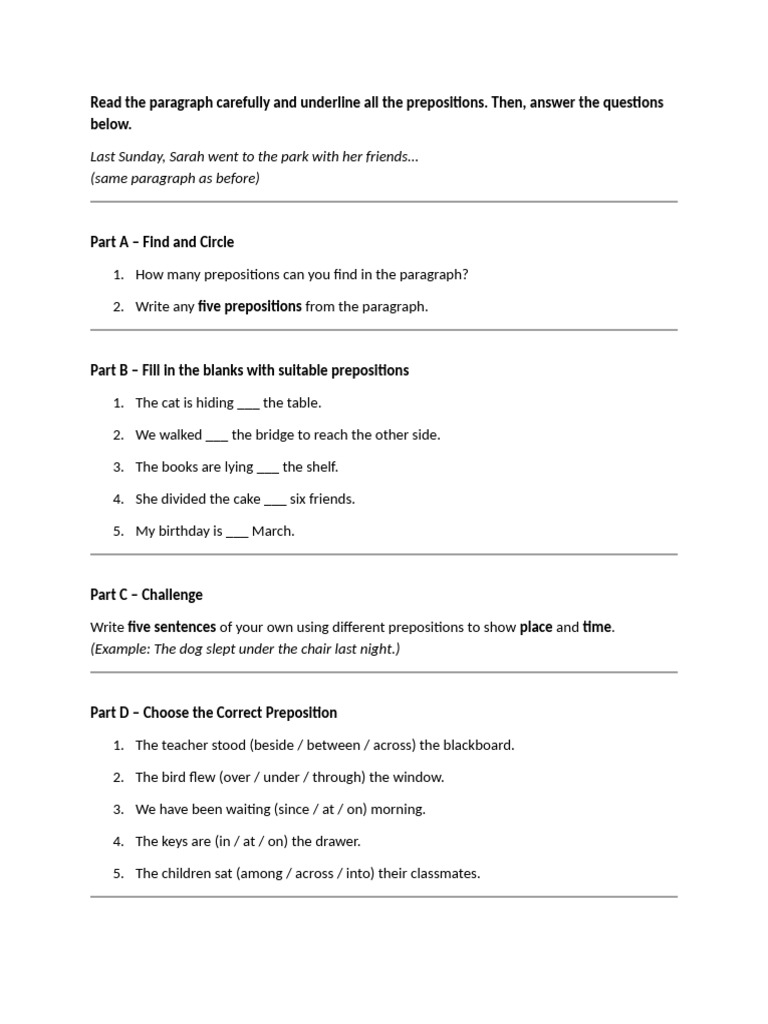 Preposition Practice Worksheet | PDF
