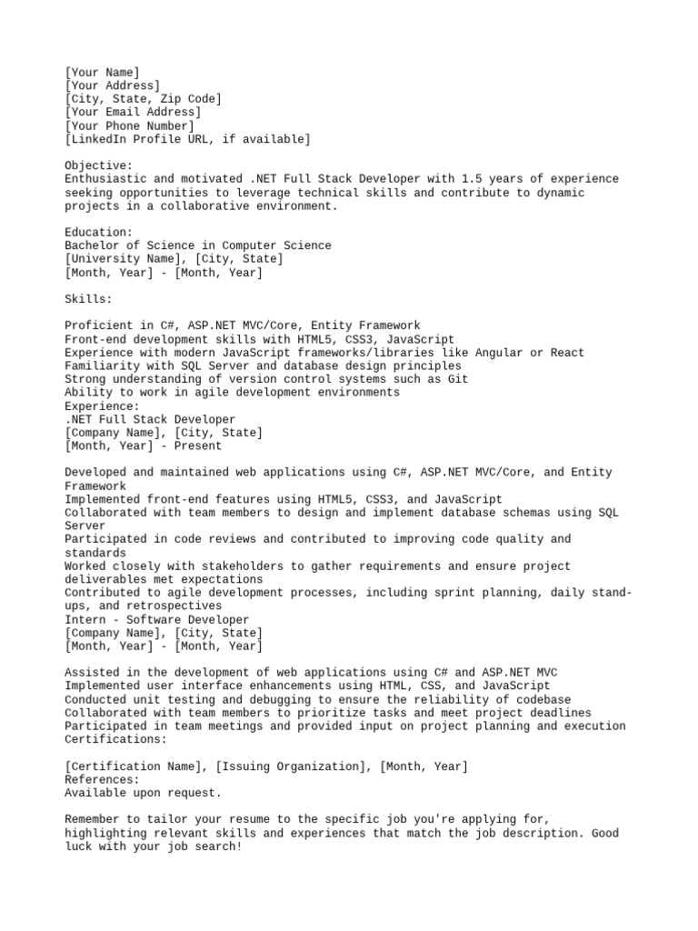 .NET Full Stack Developer Resume | PDF